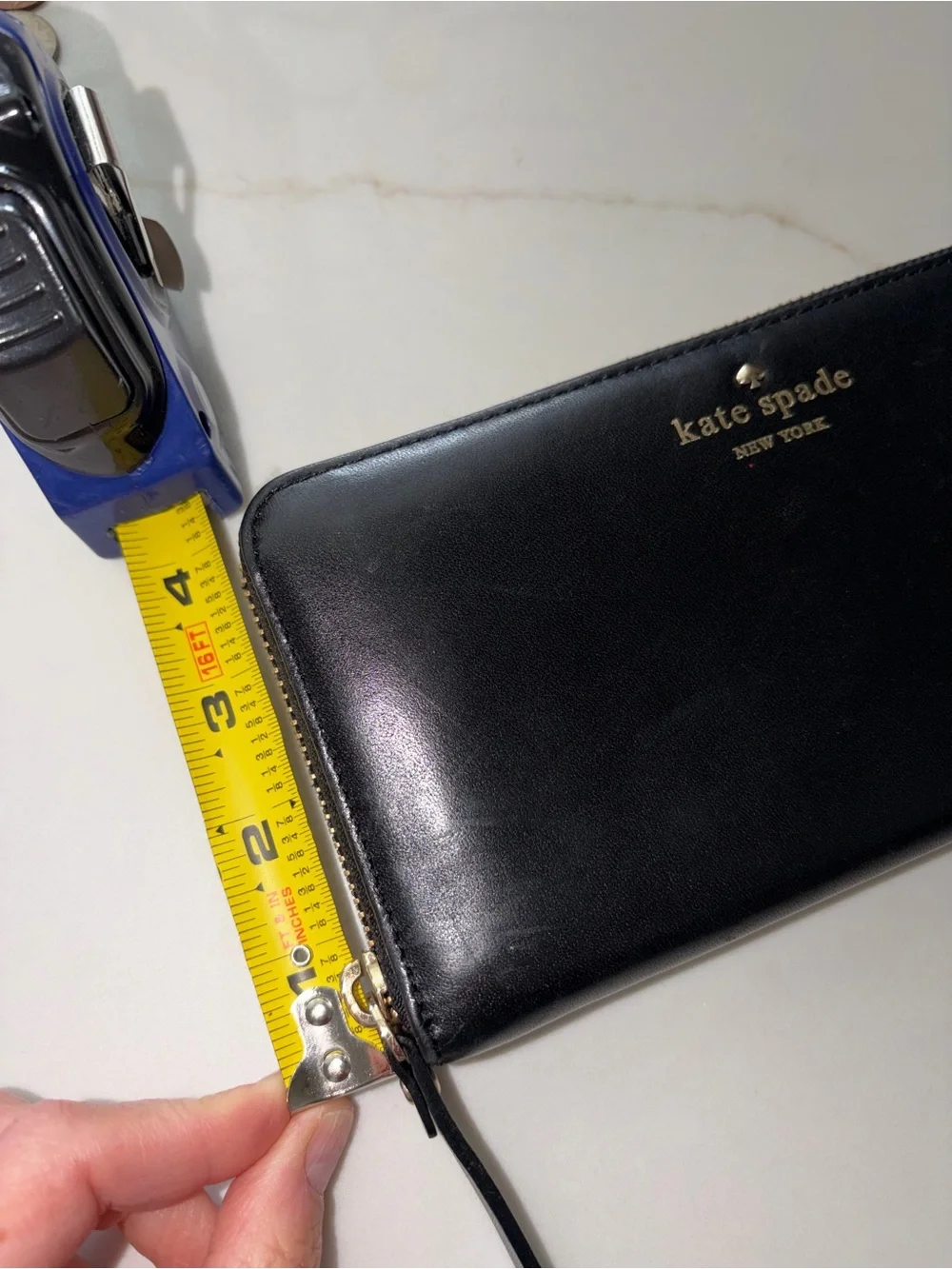Kate Spade Madison black full zip wallet gold accents polka dot lining